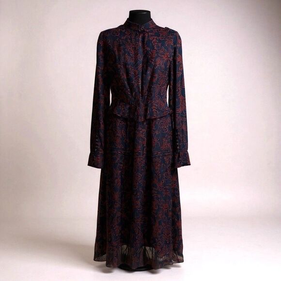 Jason Wu Navy Red Floral Printed Long Sleeve Shirt Dress Size 10 - Picture 7 of 11